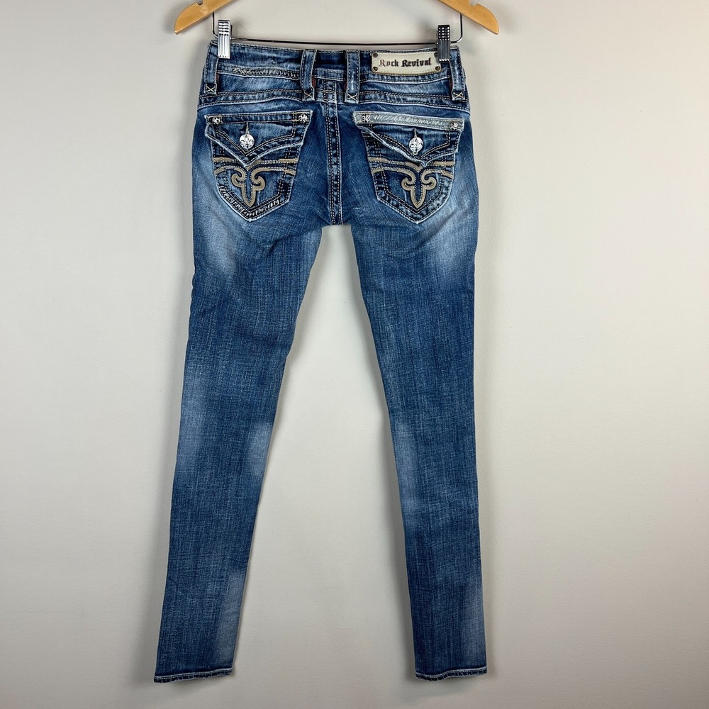 Rock Revival Gwen Skinny Jeans Womens 25 Blue Embroidered Flap Pockets Buckle